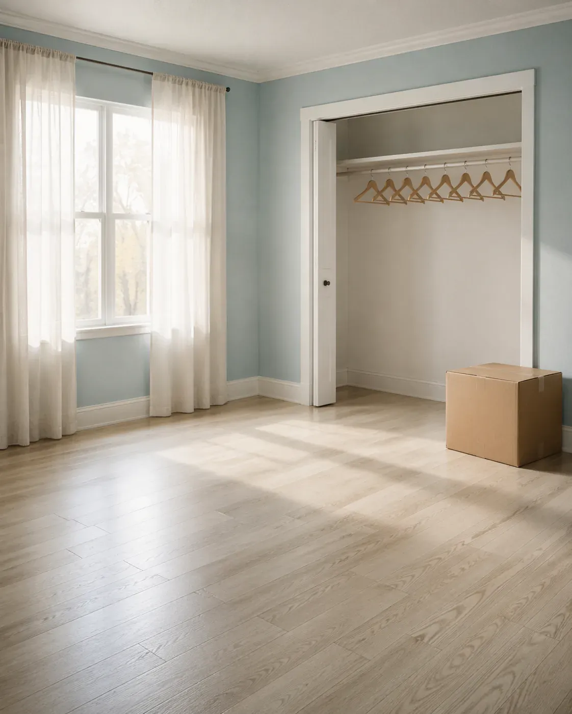 An empty, spotless modern bedroom with bare oak floors, an open closet of matching wooden hangers, and a single closed cardboard moving box in the corner